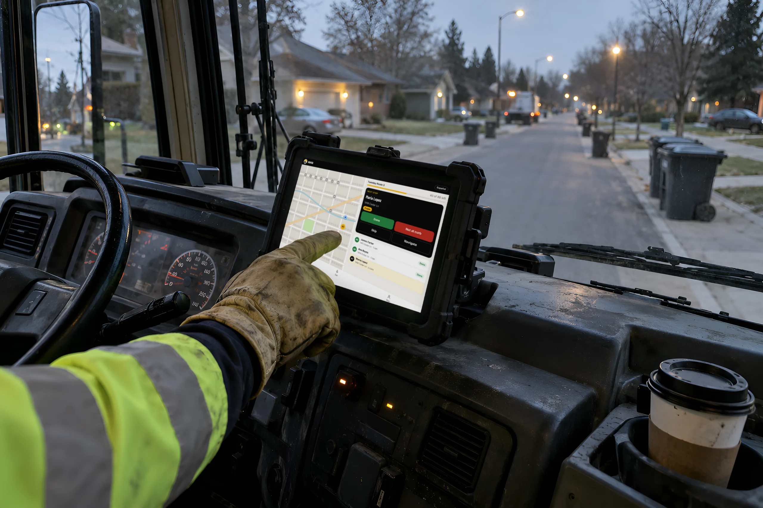 A driver in a work glove taps the next stop on the route map in the truck dash tablet