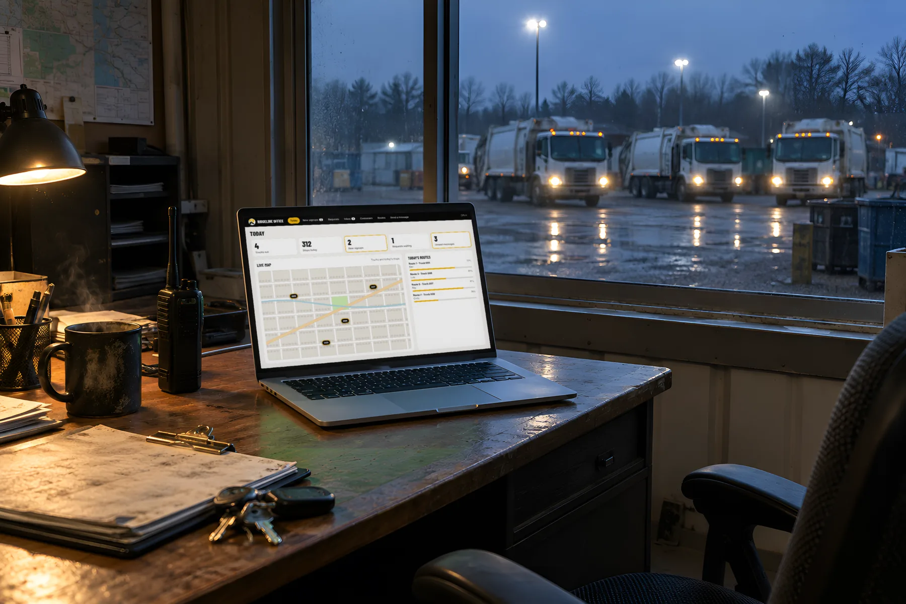 The office dashboard on a laptop at 6 AM, with the trucks lined up in the yard outside the window